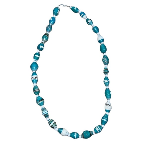 Blue Beaded Paper Necklace - Picture 1 of 5
